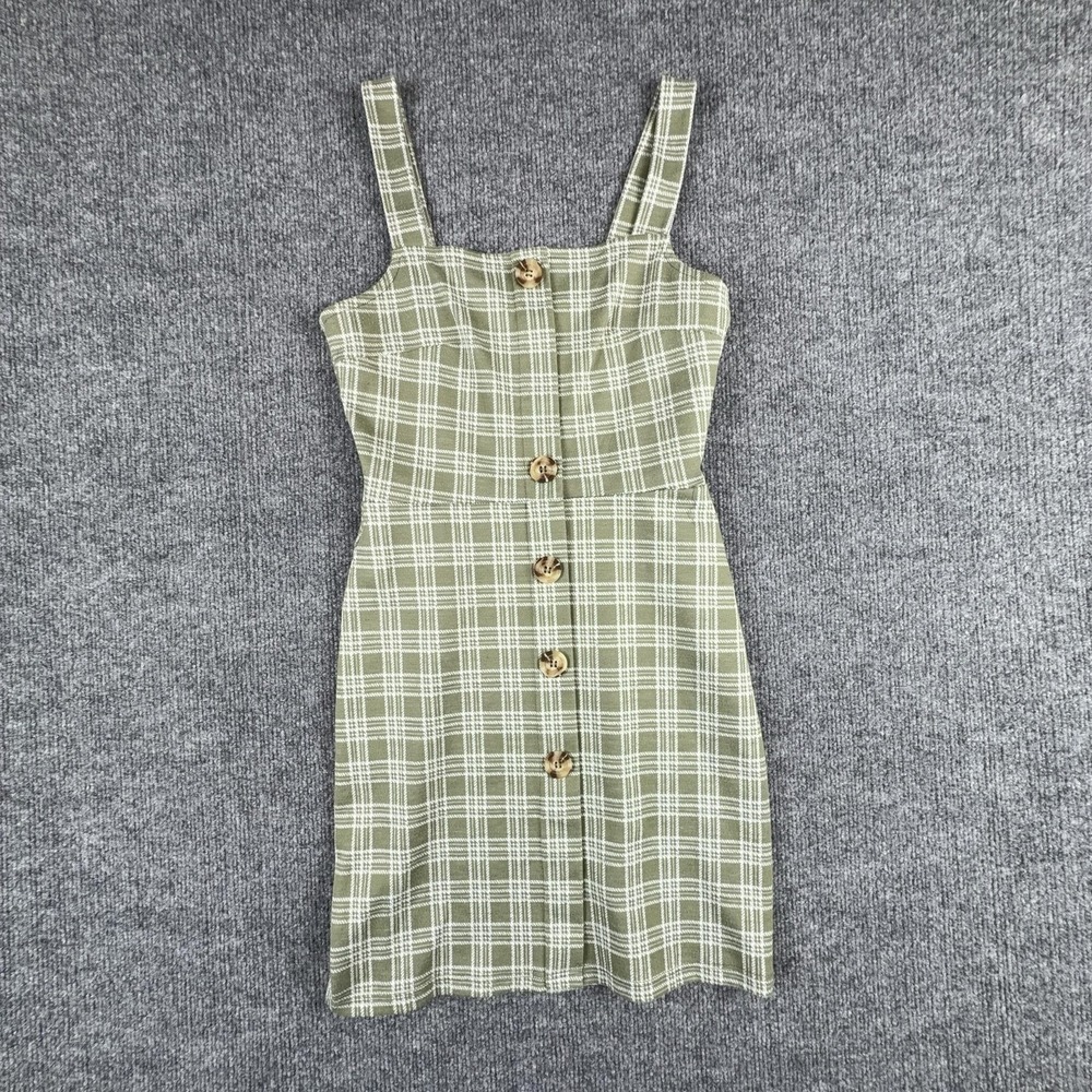 Altar'd State Dress Womens XS Green Plaid Square Neck Button Front Mini Knit